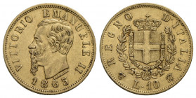 Vittorio Emanuele II Re d'Italia (1861-1878) . 10 Lire. 1863 T (18,5) . AU Pag. 477; Mont. 155. qBB/BB