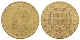 Vittorio Emanuele II Re d'Italia (1861-1878) . 10 Lire. 1865 T . AU RR Pag. 478; Mont. 158. MB+