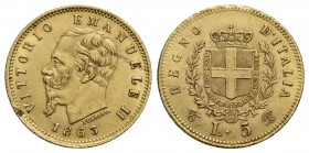 Vittorio Emanuele II Re d'Italia (1861-1878) . 5 Lire. 1863 T . AU R Pag. 479; Mont. 159. SPL-FDC