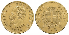 Vittorio Emanuele II Re d'Italia (1861-1878) . 5 Lire. 1865 T . AU RR Pag. 480; Mont. 160. SPL+