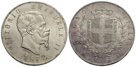 Vittorio Emanuele II Re d'Italia (1861-1878) . 5 Lire. 1872 M . AG Pag. 494; Mont. 177 Colpetto. FDC