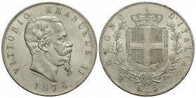 Vittorio Emanuele II Re d'Italia (1861-1878) . 5 Lire. 1876 R . AG R Pag. manca; Mont. manca R del segno di zecca spostata a sinistra Eccezionale. FDC