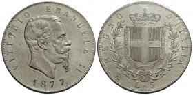 Vittorio Emanuele II Re d'Italia (1861-1878) . 5 Lire. 1877 R . AG Pag. 502; Mont. 189 Eccezionale. FDC