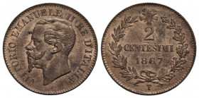 Vittorio Emanuele II Re d'Italia (1861-1878) . 2 Centesimi. 1867 T . CU R Pag. 561; Mont. 257 Rame rosso. FDC