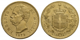 Umberto I (1878-1900) . 20 Lire. 1879 . AU Pag. 575; Mont. 10 Colpetti - Fondi lucenti. qFDC/FDC