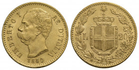 Umberto I (1878-1900) . 20 Lire. 1880 . AU Pag. 576; Mont. 12 Fondi lucenti. qFDC/FDC