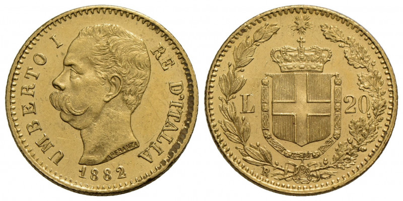 Umberto I (1878-1900) . 20 Lire. 1882 . AU Pag. 578; Mont. 16 Fondi lucenti. FDC