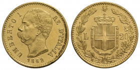 Umberto I (1878-1900) . 20 Lire. 1882 . AU Pag. 578; Mont. 16 Fondi lucenti. FDC