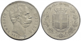 Umberto I (1878-1900) . 5 Lire. 1879 . AG Pag. 590; Mont. 33 Periziata Rocco di Torrepadula con la nota "Colpetto - Fondi lucenti". qFDC/FDC