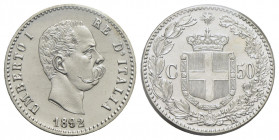 Umberto I (1878-1900). 50 Centesimi 1892 . AG RR Pag. 609; Mont. 56 Periziata Bazzoni. FDC