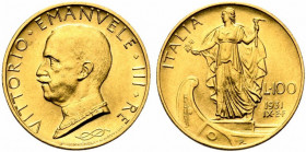 Vittorio Emanuele III (1900-1943). 100 lire 1931 anno IX "Italia su prora". Au (8.80 g - 23.5 mm). Gig. 9. qFDC