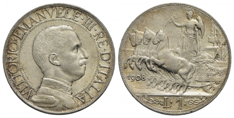 Vittorio Emanuele III (1900-1943) . Lira. 1908 Quadriga veloce . AG R Pag. 768; ...