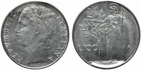 REPUBBLICA ITALIANA. 100 lire MINERVA data coperta da eccedenza di metallo. Ac (7,98 g - 8 mm). FDC *segni da contatto