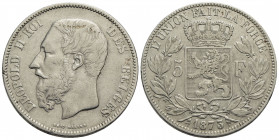 BELGIO . Leopoldo II (1865-1909) . 5 Franchi. 1873 . AG Kr. 24. BB