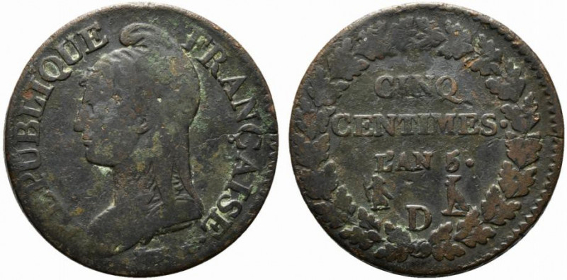 FRANCIA. Directoire Type (1795-1799). 5 centimes An 5 D (Lyon ). AE (9.86 g - 28...