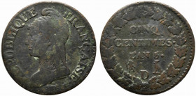 FRANCIA. Directoire Type (1795-1799). 5 centimes An 5 D (Lyon ). AE (9.86 g - 28 mm). Gadoury 125. Rara. MB
