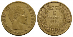 FRANCIA . Napoleone III (1852-1870) . 5 Franchi. 1856 A - Testa nuda . AU Kr. 787.1. MB/qBB