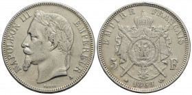 FRANCIA . Napoleone III (1852-1870) . 5 Franchi. 1869 A - Testa laureata . AG Kr. 799.1. bel BB
