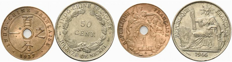 INDOCINA FRANCESE. Lotto di 2 monete (1 Cent 1937 AE KM#12.1; 50 Cents 1946 CuNi...