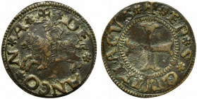 ANCONA. Monetazione del XV sec. Quattrino Mi (1,00 g). Cavaliere galoppante a sinistra - Croce ancorata. DM 3°tipo; CNI 120. BB-SPL