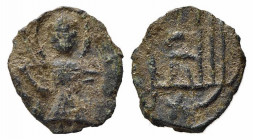 BARI. Ruggero II (1139-1154). Follaro AE (0,50 g - 11,4 mm). San Demetrio aureolato in piedi. R/ Legenda pseudocufica. MIR 134 Precedentemente veniva ...
