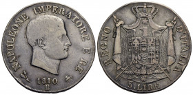 BOLOGNA . Napoleone I, Re d'Italia (1805-1814) . 5 Lire. 1810 . AG R Pag. 49; Mont. 78 Contorno in rilievo. qBB/BB