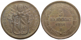 BOLOGNA . Pio IX (1846-1866) . 5 Baiocchi. 1851 A. V . CU Pag. 297; Mont. 251. SPL-FDC