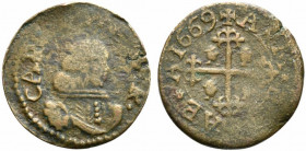 CAGLIARI. Carlo II di Spagna (1665-1700). 1 Cagliarese 1669 Cu (3,29 g). MIR 92/2