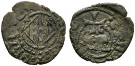 CATANIA. Federico IV d'Aragona (1355-1377). Denaro Mi (0.91 g - 16,2 mm). FRIDERICVS DEI; Stemma aragonese. R/GRA REX SICIL; Elefante (stemma di Catan...