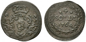 CORTE. Pasquale Paoli Generale (1762-1768). 4 soldi 1764. Mi (21.8 mm - 1.86 g). Stemma coronato in cartella tra due Geni marini alati e armati di maz...