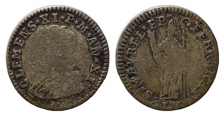 FERRARA. Clemente XI (1700-1721). Muraiola da 2 baiocchi 1711 anno XI. Mi (2,58 ...