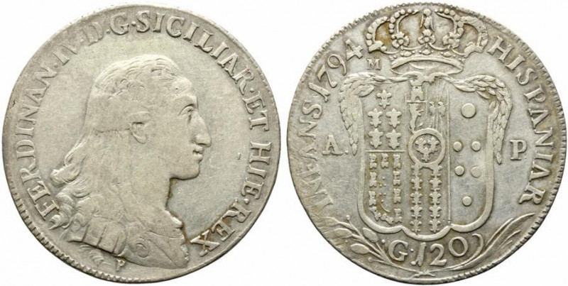 NAPOLI. Ferdinando IV (1759-1816). Piastra da 120 grana 1794 Ag (27,3 g - 40,4 m...