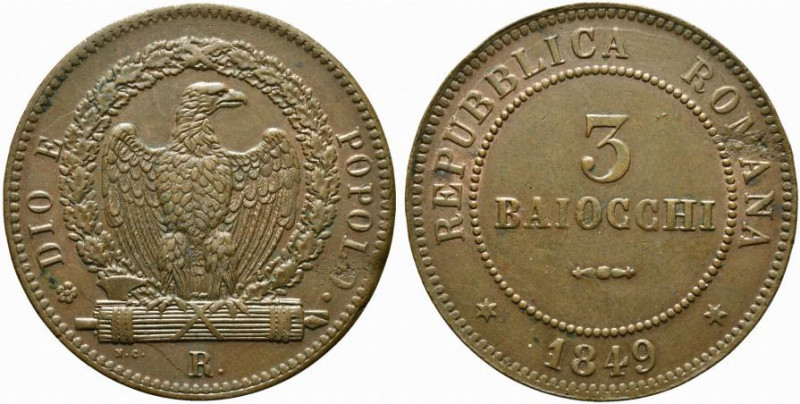 ROMA. Seconda Repubblica Romana (1848-1849). 3 Baiocchi 1849 II° tipo. Cu (25,9 ...