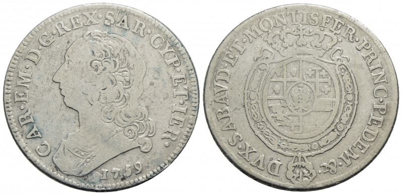 Carlo Emanuele III (1730-1773) . Mezzo scudo. 1759 . AG R Mont. 177. MB