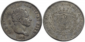 Carlo Felice (1821-1831) . 5 Lire. 1829 G . AG Pag. 76; Mont. 68 Patinata. SPL/SPL+