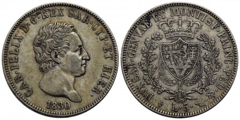 Carlo Felice (1821-1831) . 5 Lire. 1830 T (P) . AG R Pag. 79a; Mont. 70. BB+