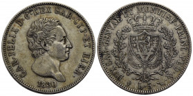 Carlo Felice (1821-1831) . 5 Lire. 1830 T (P) . AG R Pag. 79a; Mont. 70. BB+