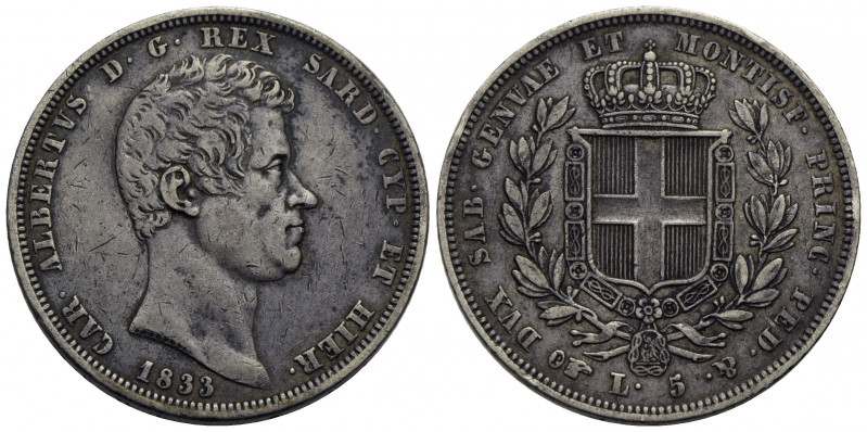 Carlo Alberto (1831-1849) . 5 Lire. 1833 T . AG RR Pag. 234; Mont. 108. BB+