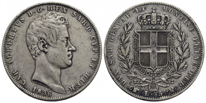 Carlo Alberto (1831-1849) . 5 Lire. 1836 T . AG RR Pag. 240; Mont. 114. BB/BB+