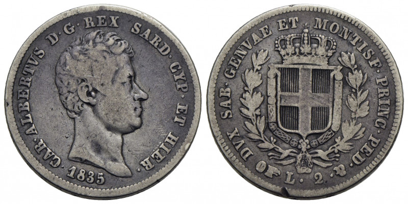 Carlo Alberto (1831-1849) . 2 Lire. 1835 T . AG RRR Pag. 273; Mont. 147. qBB