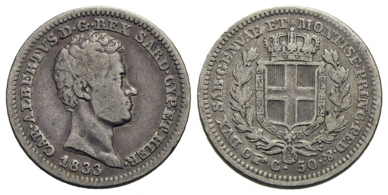 Carlo Alberto (1831-1849) . 50 Centesimi. 1833 T . AG R Pag. 317; Mont. 191. qBB