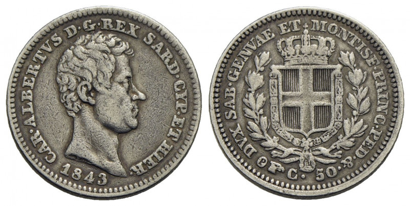 Carlo Alberto (1831-1849) . 50 Centesimi. 1843 T . AG RR Pag. 324; Mont. 199. qB...