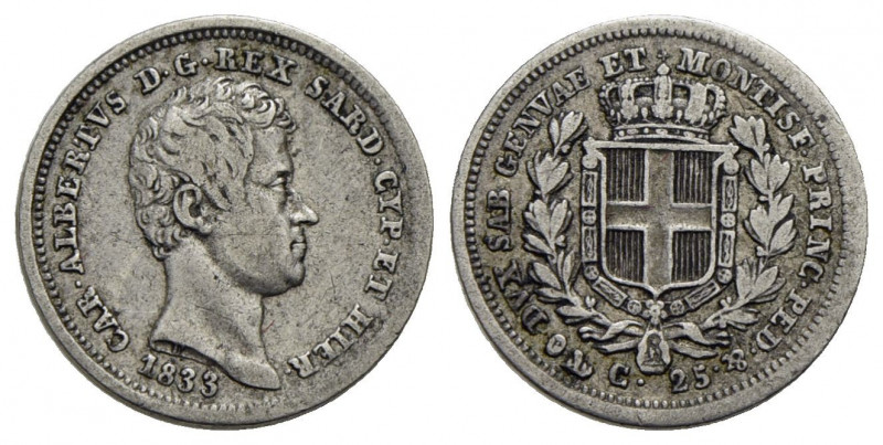 Carlo Alberto (1831-1849) . 25 Centesimi. 1833 G . AG RR Pag. 331; Mont. 207. BB