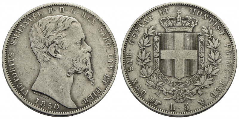 Vittorio Emanuele II (1849-1861) . 5 Lire. 1850 T . AG RR Pag. 371; Mont. 40. BB