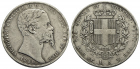Vittorio Emanuele II (1849-1861) . 5 Lire. 1850 T . AG RR Pag. 371; Mont. 40. BB