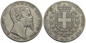 Vittorio Emanuele II (1849-1861) . 5 Lire. 1857 G . AG RR Pag. 383; Mont. 55. qBB