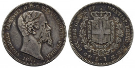 Vittorio Emanuele II (1849-1861) . Lira. 1857 T . AG R Pag. 410; Mont. 83 Graffi. BB+