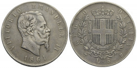 Vittorio Emanuele II Re d'Italia (1861-1878) . 5 Lire. 1861 T . AG RR Pag. 482; Mont. 163. BB/BB+