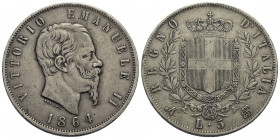 Vittorio Emanuele II Re d'Italia (1861-1878) . 5 Lire. 1864 N . AG R Pag. 485; Mont. 166. qBB