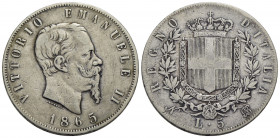 Vittorio Emanuele II Re d'Italia (1861-1878) . 5 Lire. 1865 N . AG R Pag. 486; Mont. 168. BB